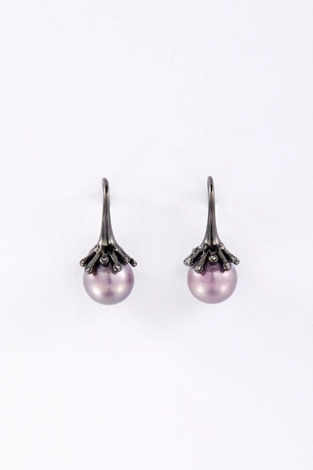 Midnight Bloom purple fashion pearl drop earrings with black alloy base by Whitney Jewellery