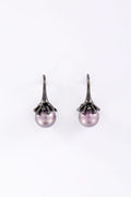 Midnight Bloom purple fashion pearl drop earrings with black alloy base by Whitney Jewellery