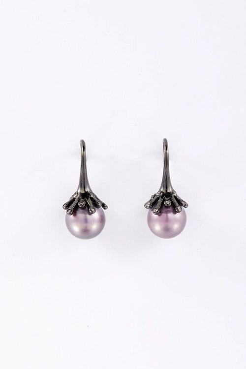 Midnight Bloom purple fashion pearl drop earrings with black alloy base by Whitney Jewellery