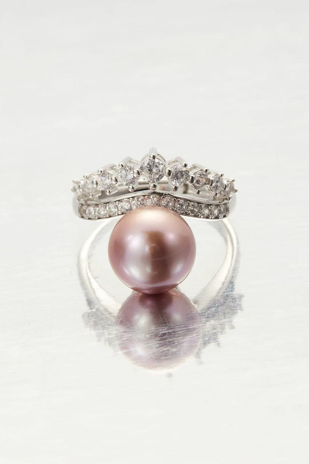 Lavender Tide lavender-pink fashion pearl adjustable ring with CZ halo by Whitney Jewellery