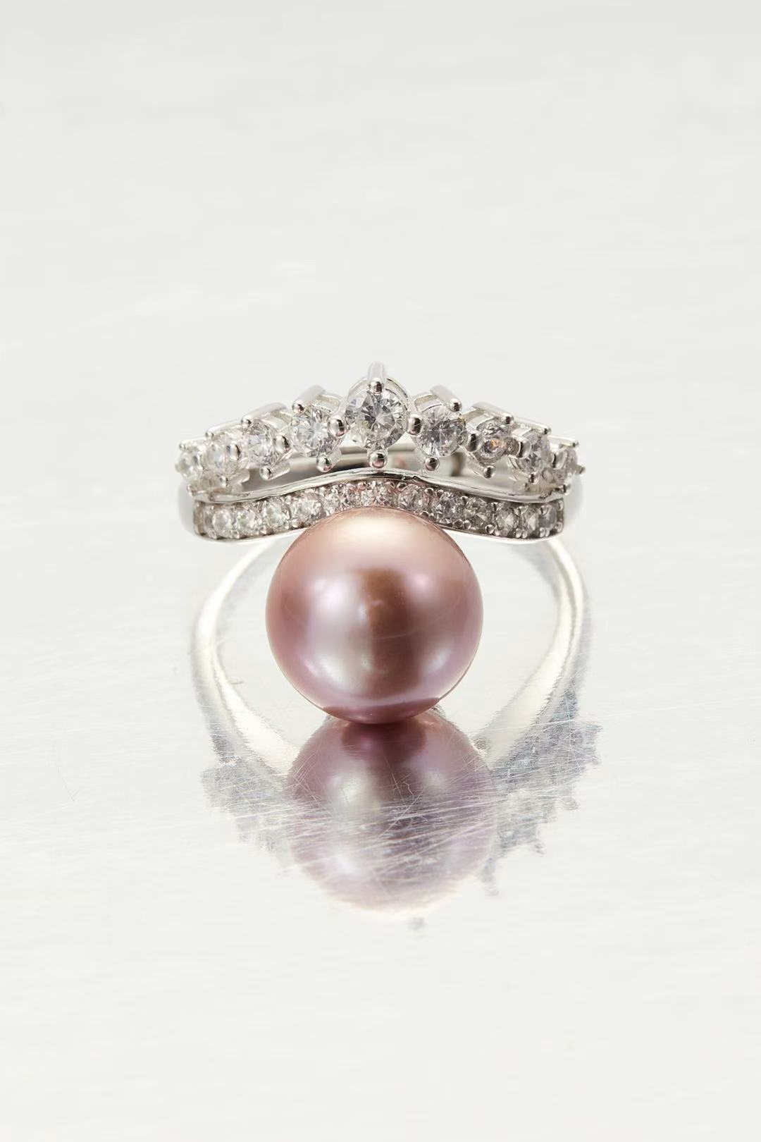 Lavender Tide lavender-pink fashion pearl adjustable ring with CZ halo by Whitney Jewellery