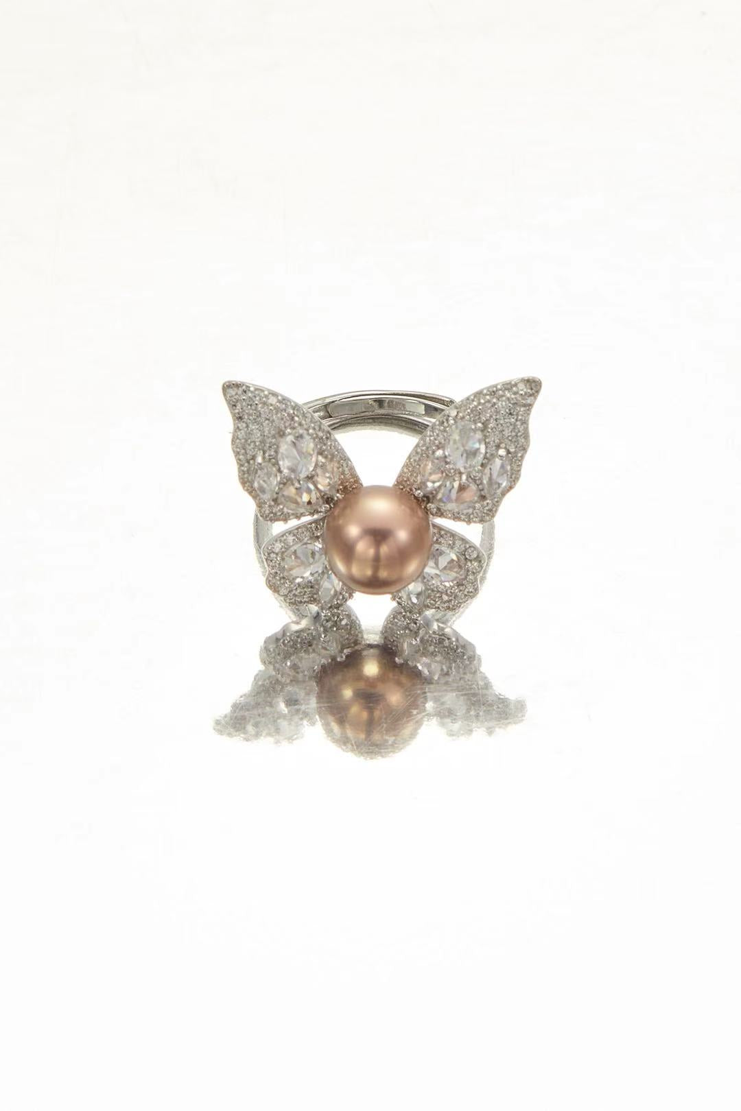 Whitney Butterfly pink fashion pearl ring with CZ butterfly wings by Whitney Jewellery