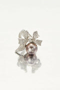 Violet Bow grey-purple fashion pearl adjustable ring with CZ bow design by Whitney Jewellery
