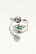 Lumina Pearl and Verdant CZ bypass ring with purple pearl and green teardrop CZ by Whitney Jewellery