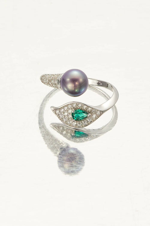 Lumina Pearl and Verdant CZ bypass ring with purple pearl and green teardrop CZ by Whitney Jewellery